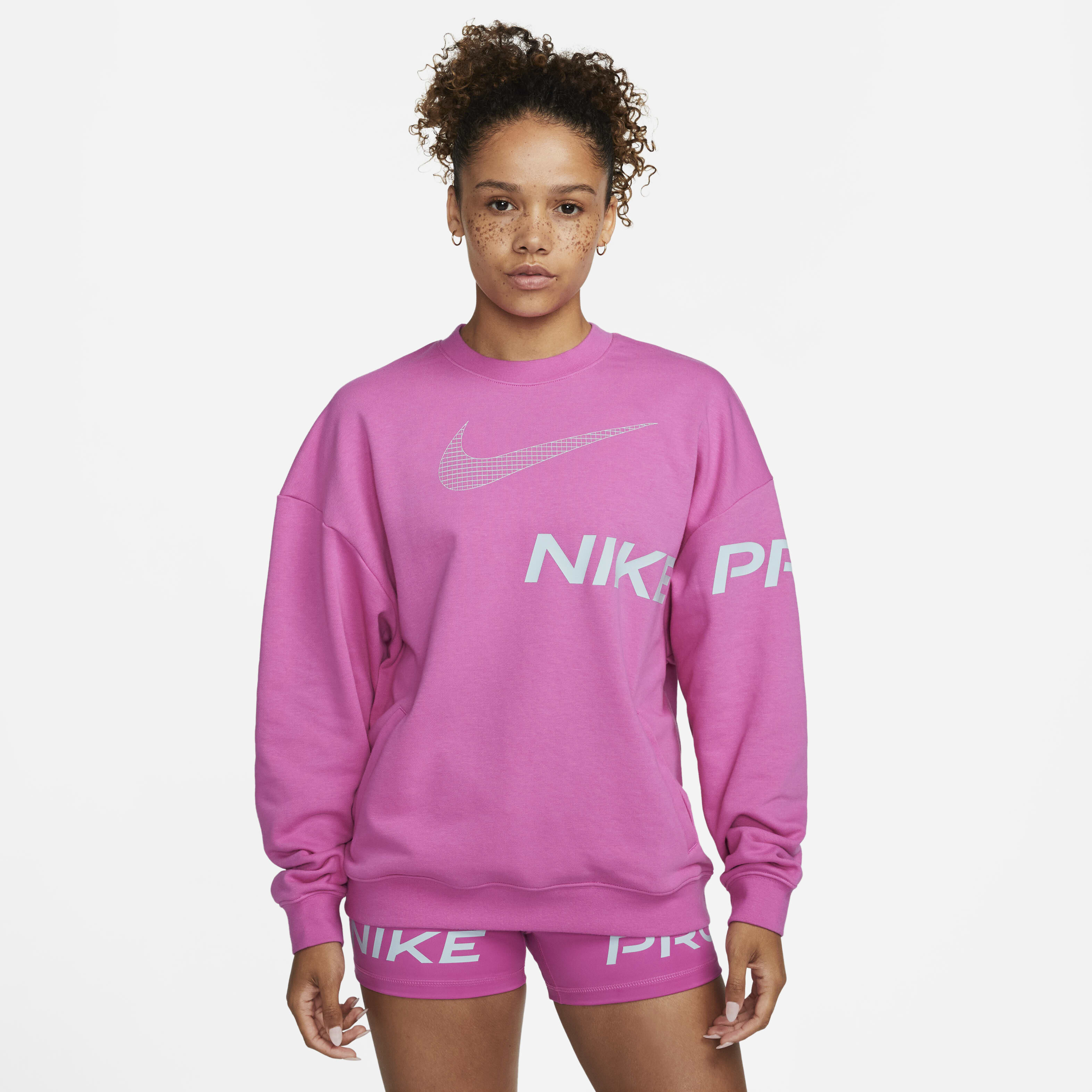 Buy Nike Dri FIT Get Fit Women s French Terry Graphic Crew Neck Sweatshirt Active Fuchsia Cosmic Fuchsia Ocean Bliss Nike UAE Official