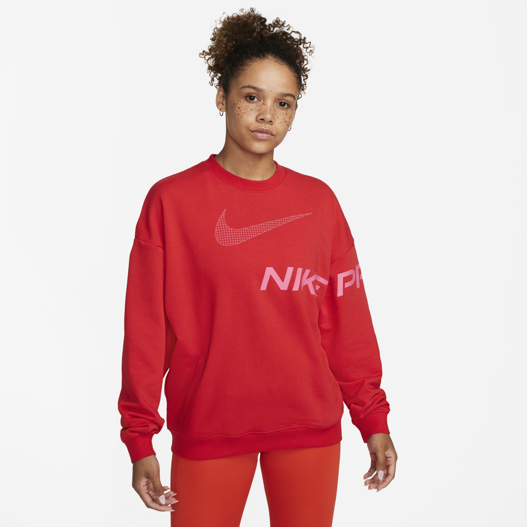 Buy Nike Dri FIT Get Fit Women s French Terry Graphic Crew Neck Sweatshirt University Red Gym Red Pinksicle Nike UAE Official