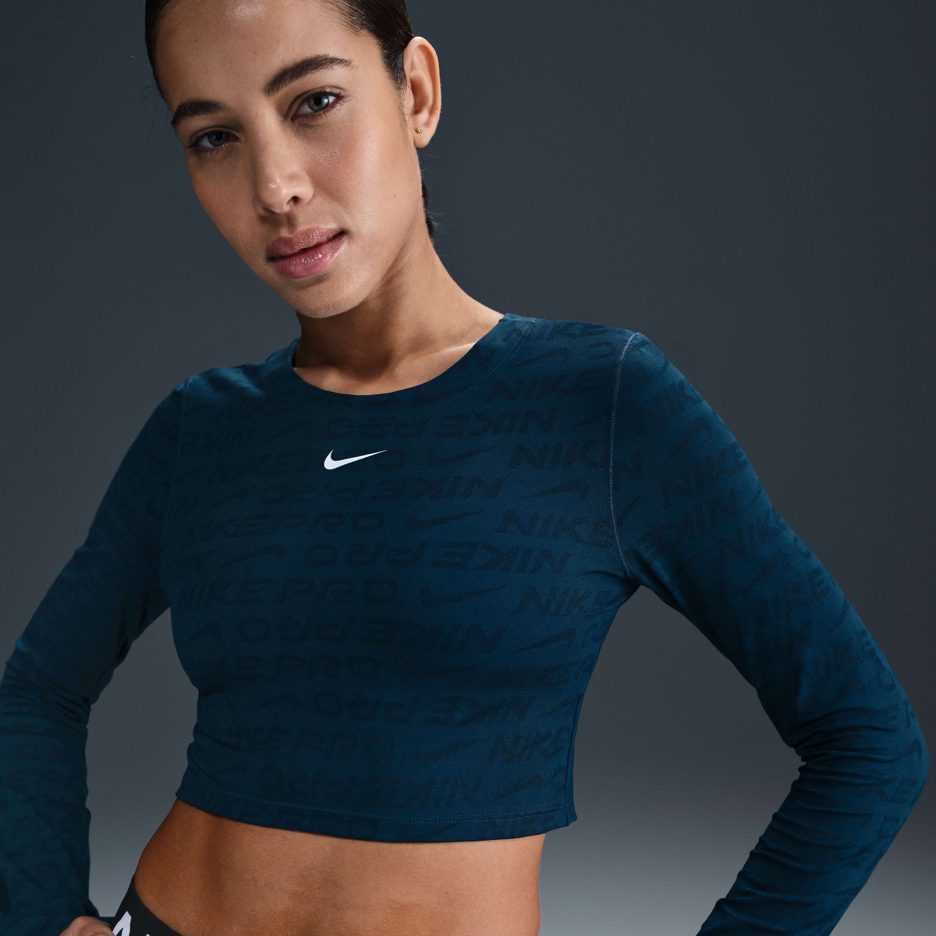 Buy Nike Pro Women's DriFIT LongSleeve Cropped Jacquard Top Armoury