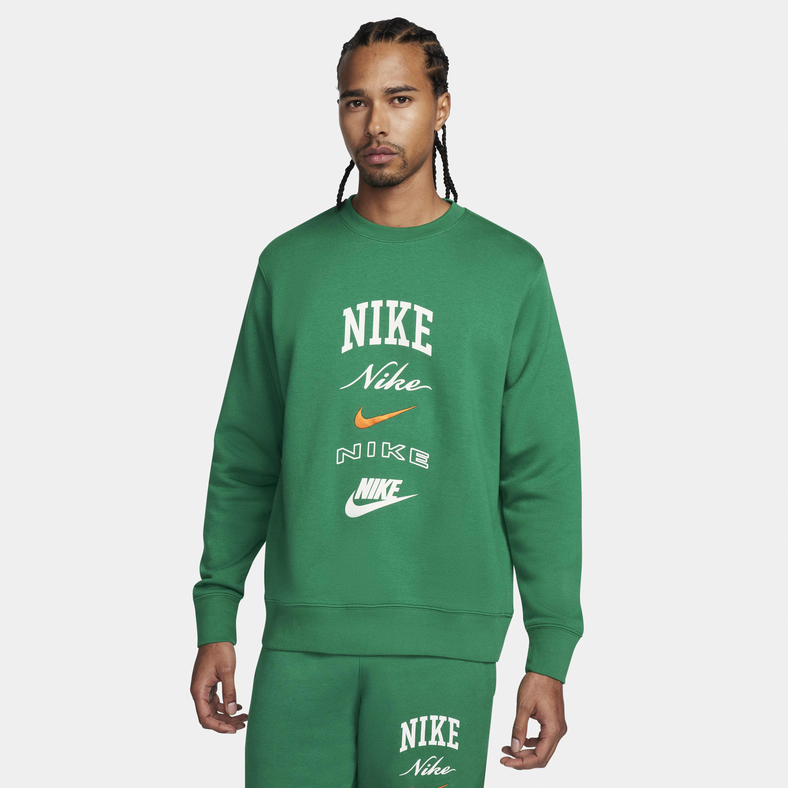 Buy Nike Club Fleece Men s Long Sleeve Crew Neck Sweatshirt Malachite Safety Orange Nike UAE Official