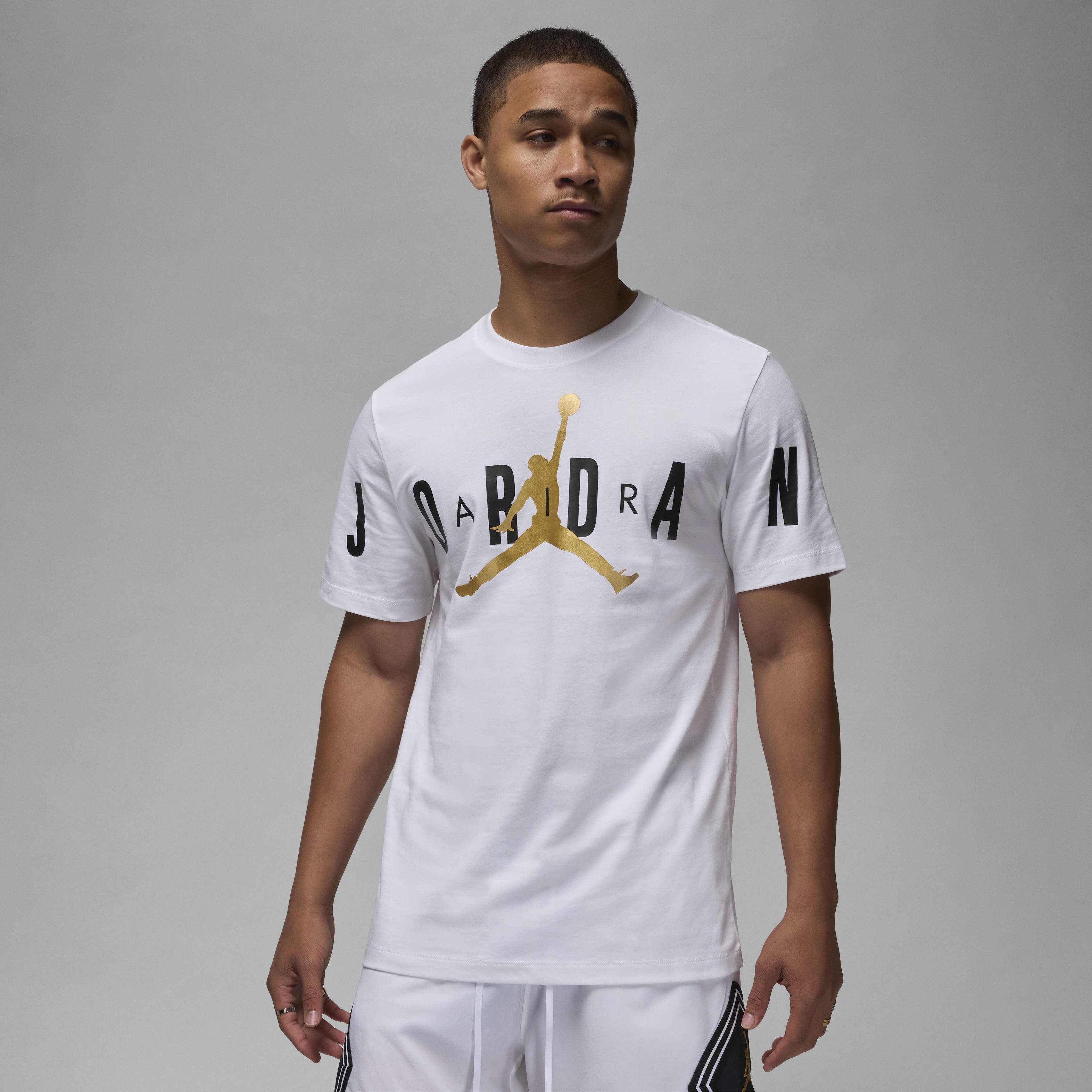 Buy Jordan Air Men's Stretch T-Shirt - White/Metallic Gold/Black | Nike UAE  Official