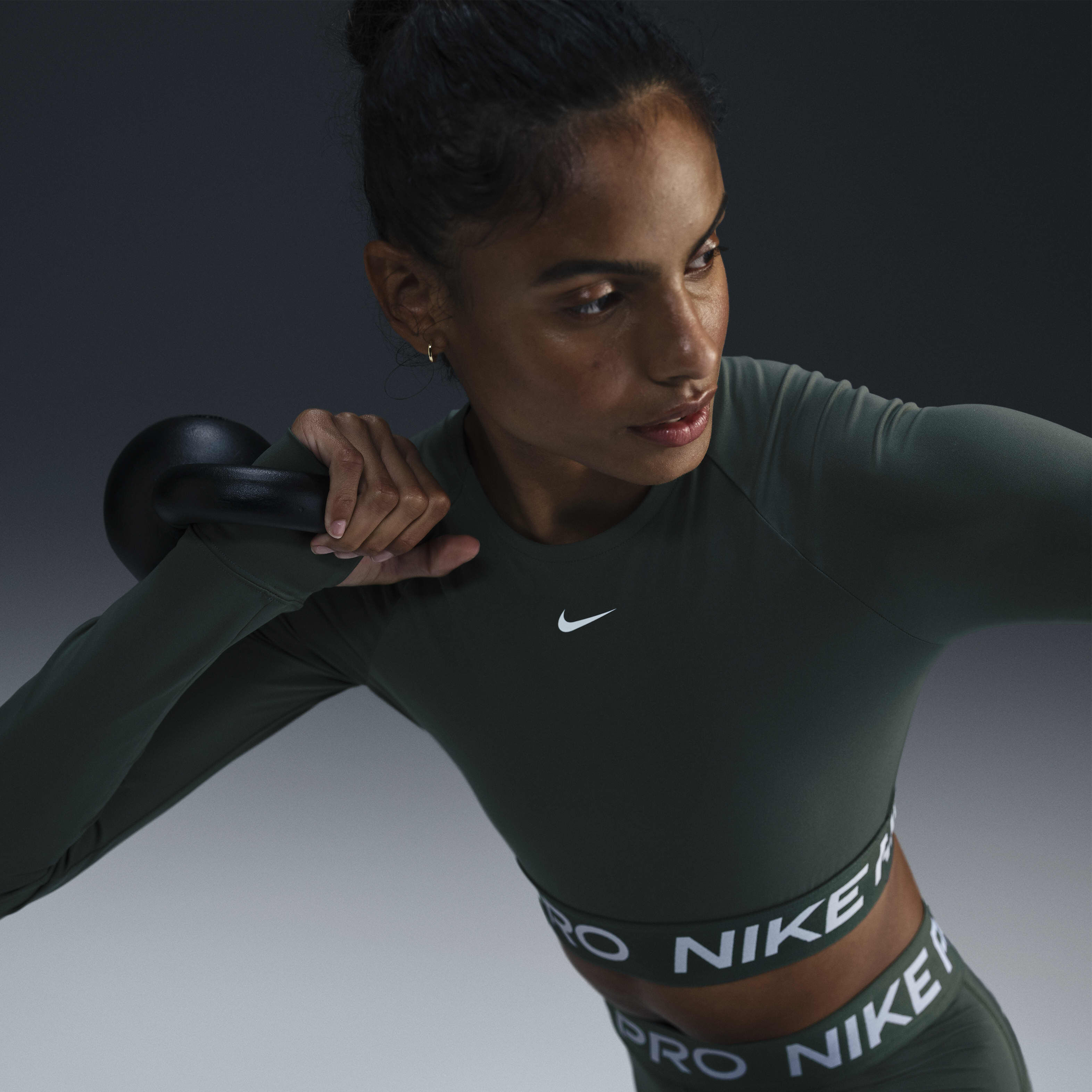 Buy Nike Pro Women s Dri FIT Cropped Long Sleeve Top Vintage Green White Nike UAE Official